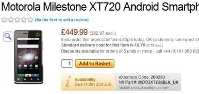 Motorola MILESTONE XT720 - в продаже со 2 июля по цене 545 евро
