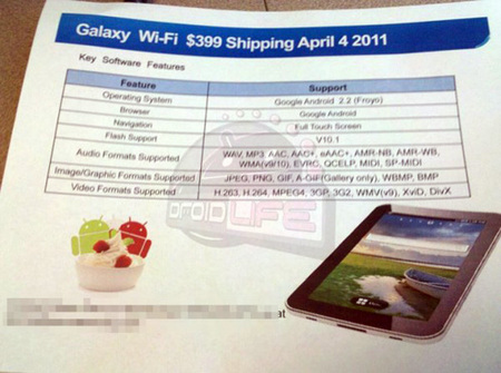 Планшет Samsung Galaxy Tab Wi-Fi прибудет в апреле дешевле $400
